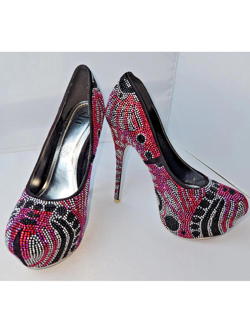 Shi by Journeys Size 10 Rhinestone Stilettos Purple Green Silver Mardi Gras